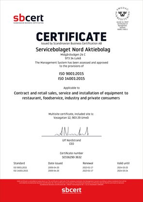 Certifikat Servicebolaget Nord AB ISO 9001 14001 en 2023-01-17